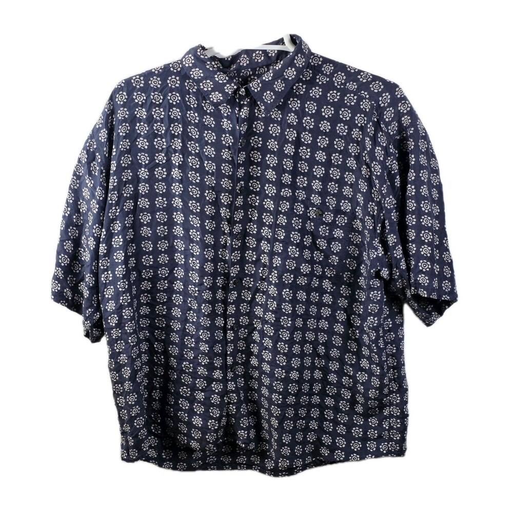Summa‎ Men's XL Blue Fish Floral 100% Silk Short Sleeve Button Up Shirt RN 81340